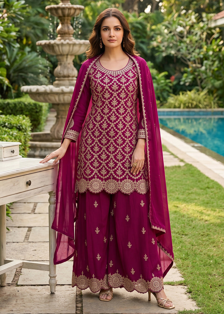 Buy Now Lovely Pink Premium Chinnon Palazzo Style Suit Online in US, UK, Canada, Netherlands, Germany, Italy, France, Greece, UAE &amp; Worldwide at Empress.