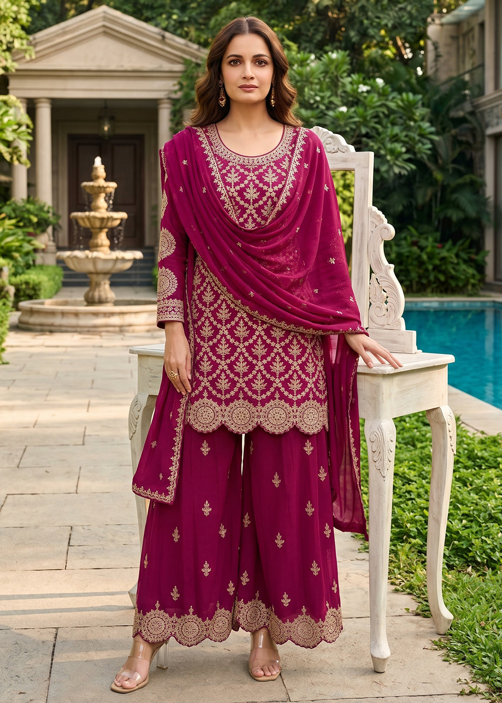 Buy Now Lovely Pink Premium Chinnon Palazzo Style Suit Online in US, UK, Canada, Netherlands, Germany, Italy, France, Greece, UAE &amp; Worldwide at Empress.