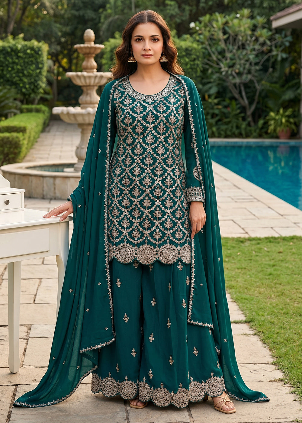 Buy Now Lovely Teal Premium Chinnon Palazzo Style Suit Online in US, UK, Canada, Netherlands, Germany, Italy, France, Greece, UAE & Worldwide at Empress.