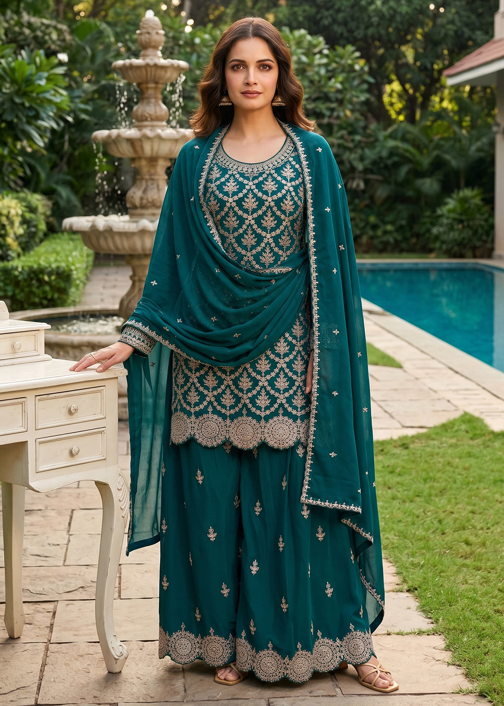 Buy Now Lovely Teal Premium Chinnon Palazzo Style Suit Online in US, UK, Canada, Netherlands, Germany, Italy, France, Greece, UAE & Worldwide at Empress.