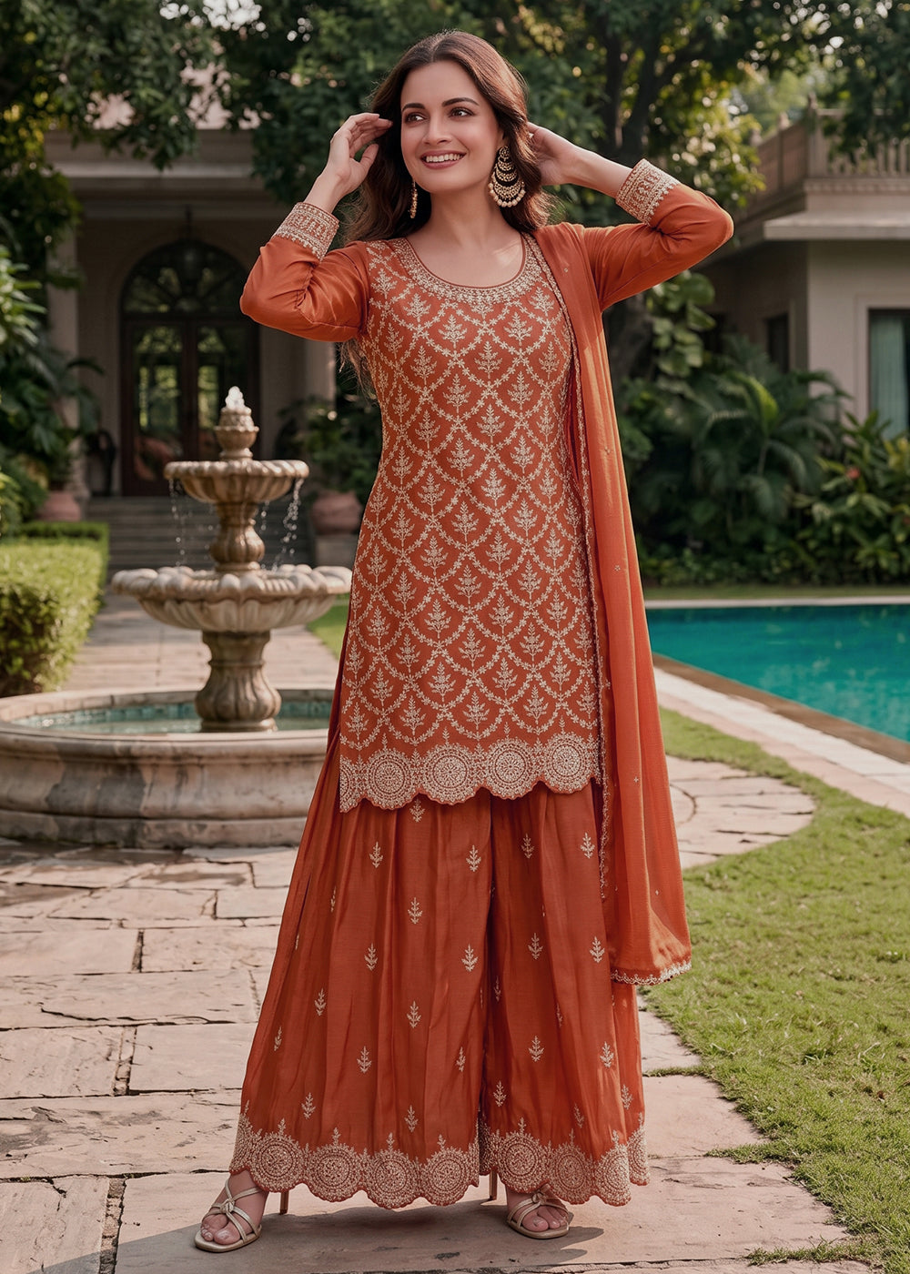 Buy Now Lovely Rust Premium Chinnon Palazzo Style Suit Online in US, UK, Canada, Netherlands, Germany, Italy, France, Greece, UAE & Worldwide at Empress.