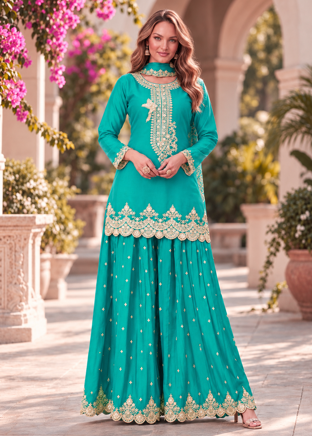 Buy Now Premium Turquoise Chinnon Silk Palazzo Style Suit Online in US, UK, Canada, Netherlands, Germany, Italy, France, Greece, Australia & Worldwide at Empress.