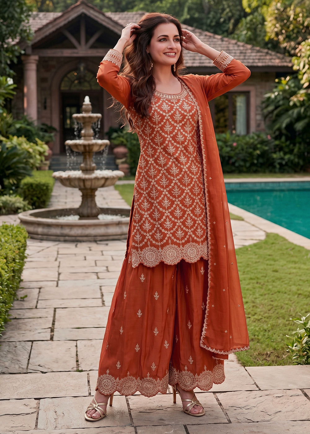 Buy Now Lovely Rust Premium Chinnon Palazzo Style Suit Online in US, UK, Canada, Netherlands, Germany, Italy, France, Greece, UAE & Worldwide at Empress.