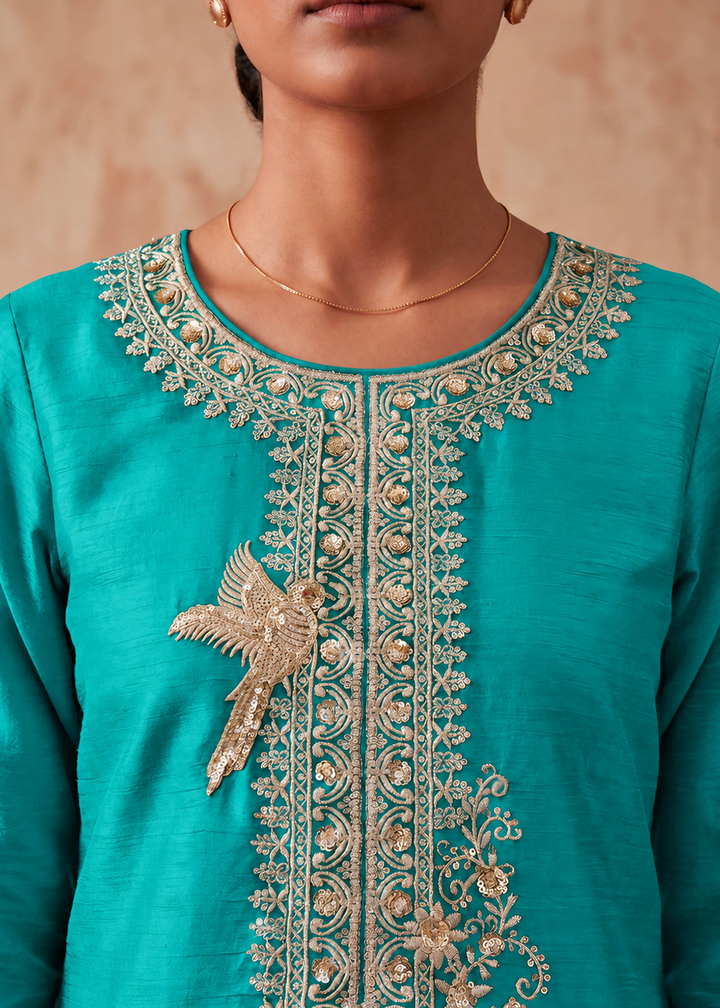 Buy Now Premium Turquoise Chinnon Silk Palazzo Style Suit Online in US, UK, Canada, Netherlands, Germany, Italy, France, Greece, Australia &amp; Worldwide at Empress.
