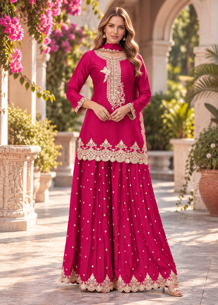 Buy Now Premium Hot Pink Chinnon Silk Palazzo Style Suit Online in US, UK, Canada, Netherlands, Germany, Italy, France, Greece, Australia &amp; Worldwide at Empress.