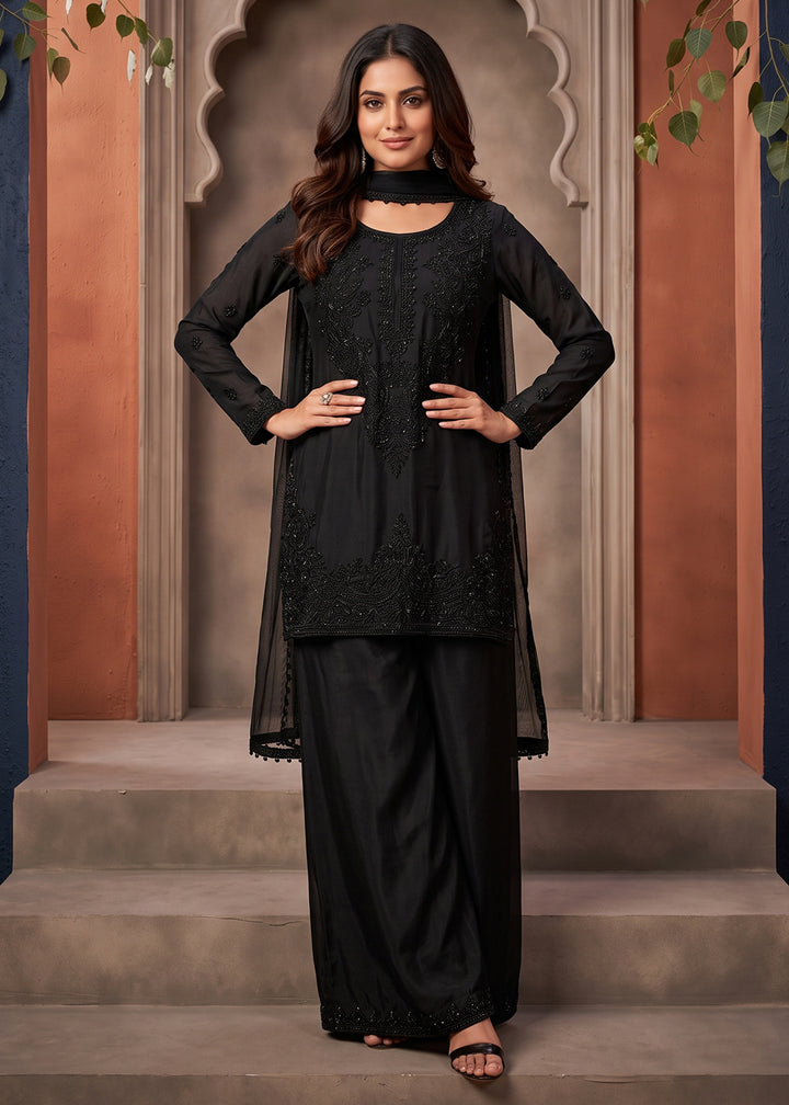 Buy Now Premium Chinnon Silk Black Festive Trendy Palazzo Suit Online in US, UK, Canada, Netherlands, Germany, Italy, France, Greece, UAE &amp; Worldwide at Empress.