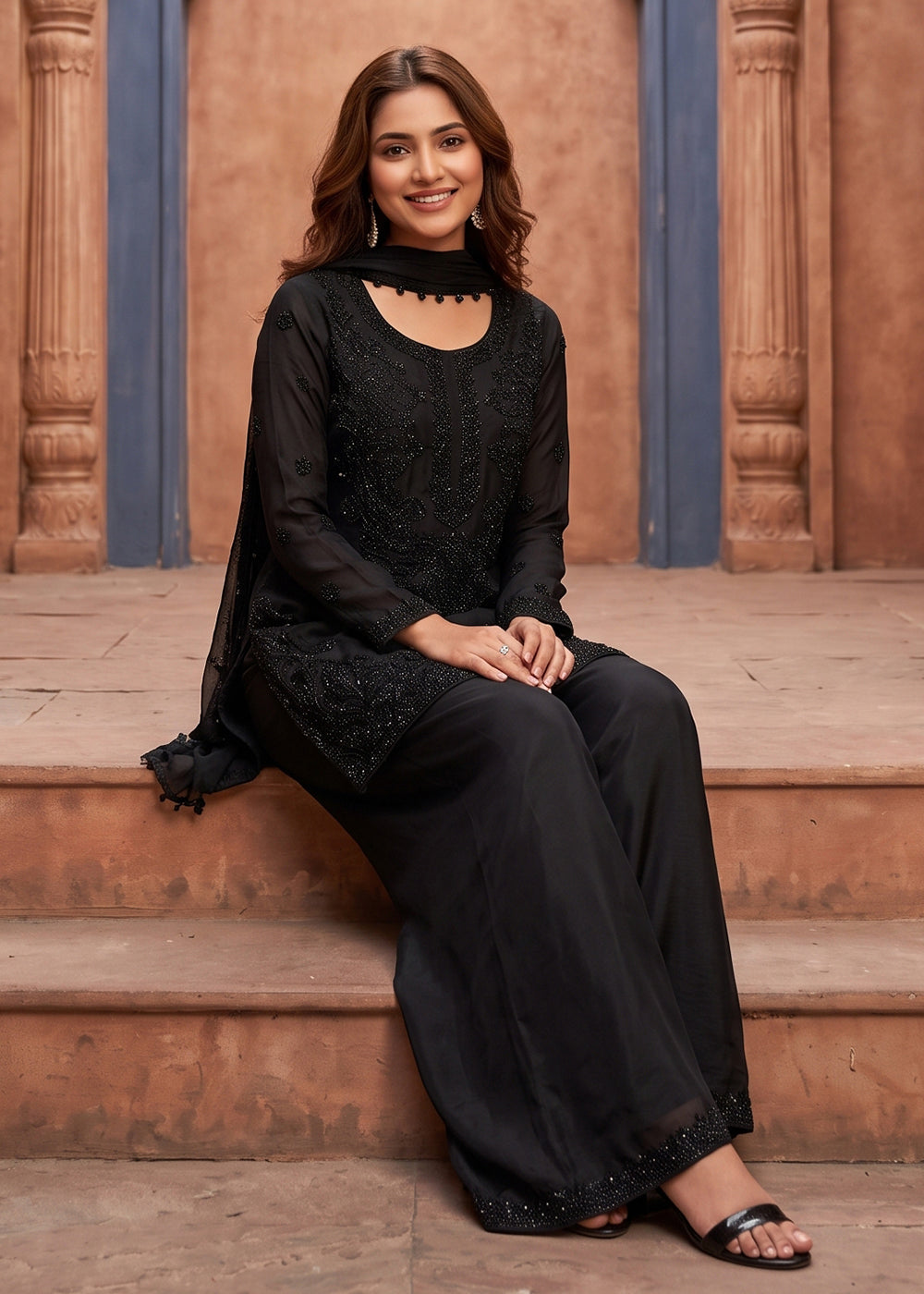 Buy Now Premium Chinnon Silk Black Festive Trendy Palazzo Suit Online in US, UK, Canada, Netherlands, Germany, Italy, France, Greece, UAE & Worldwide at Empress.