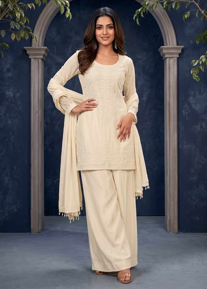Buy Now Premium Chinnon Silk White Festive Trendy Palazzo Suit Online in US, UK, Canada, Netherlands, Germany, Italy, France, Greece, UAE &amp; Worldwide at Empress