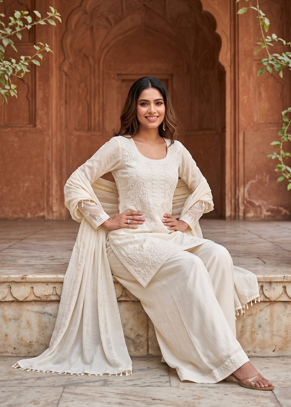 Buy Now Premium Chinnon Silk White Festive Trendy Palazzo Suit Online in US, UK, Canada, Netherlands, Germany, Italy, France, Greece, UAE &amp; Worldwide at Empress