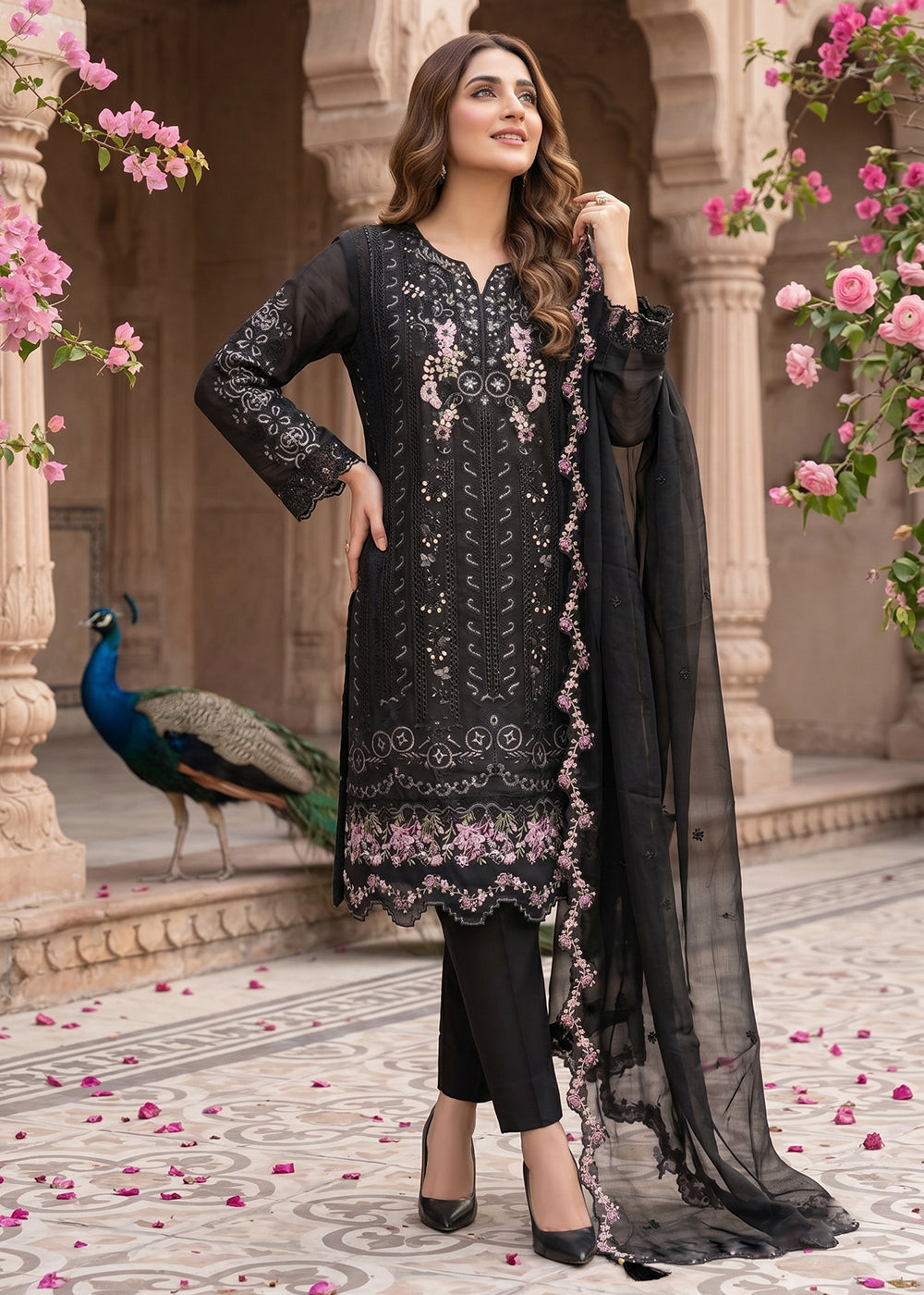Buy Now Black Chiffon Moti & Khatli Work Pant Style Salwar Suit Online in US, UK, Canada, Netherlands, Germany, Italy, France, UAE & Worldwide at Empress.