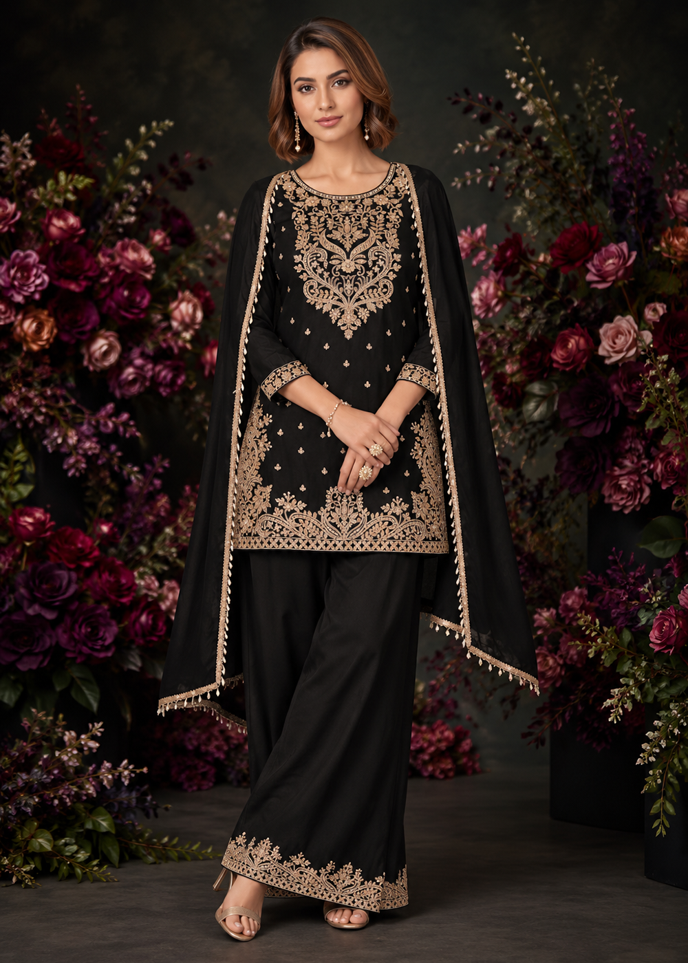 Buy Now Lovable Black Premium Chinnon Palazzo Style Suit Online in US, UK, Canada, Netherlands, Germany, Italy, France, Greece, Sweden & Worldwide at Empress.
