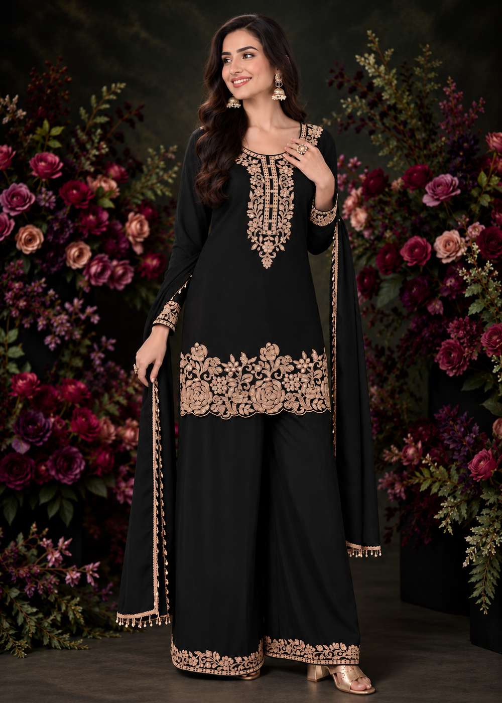 Buy Now Appealing Black Premium Chinnon Palazzo Style Suit Online in US, UK, Canada, Netherlands, Germany, Italy, France, Greece, Sweden & Worldwide at Empress.