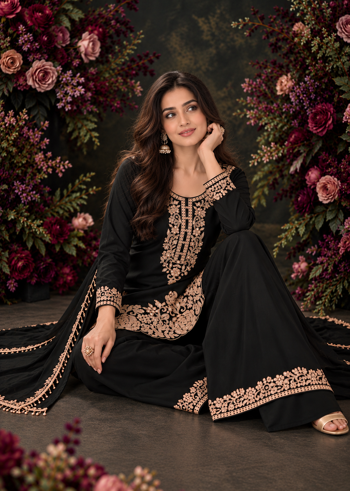 Buy Now Appealing Black Premium Chinnon Palazzo Style Suit Online in US, UK, Canada, Netherlands, Germany, Italy, France, Greece, Sweden &amp; Worldwide at Empress.