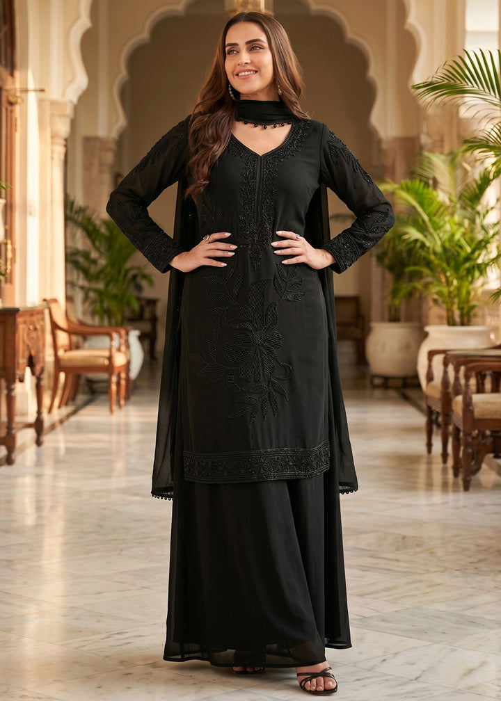 Buy Now Classy Black Beads Embroidered Palazzo Style Dress Online in US, UK, Canada, Netherlands, Germany, Italy, France, Greece, UAE &amp; Worldwide at Empress.