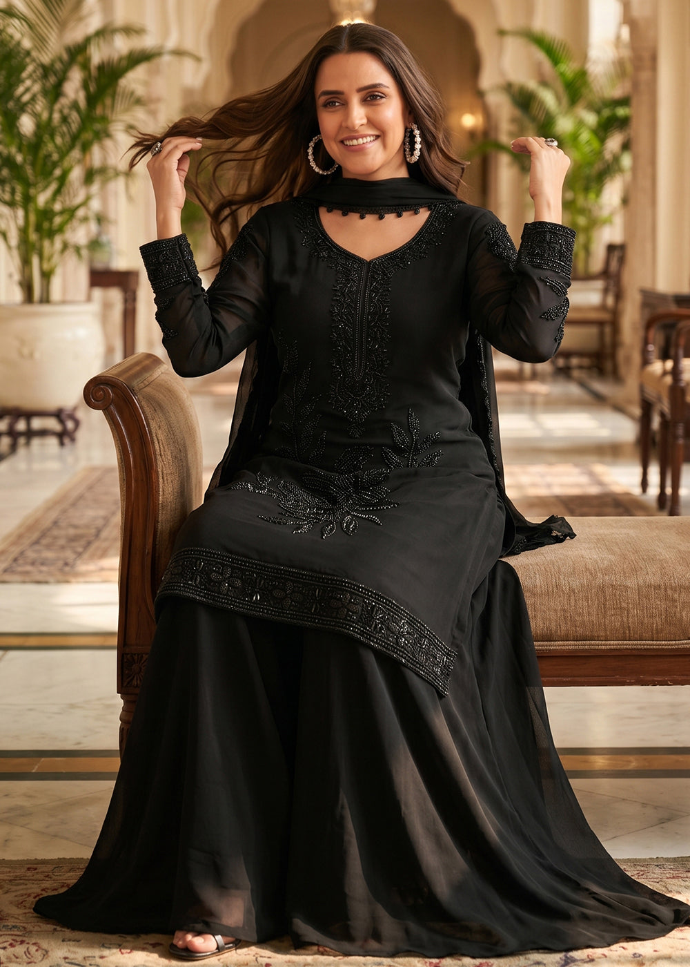 Buy Now Classy Black Beads Embroidered Palazzo Style Dress Online in US, UK, Canada, Netherlands, Germany, Italy, France, Greece, UAE &amp; Worldwide at Empress.