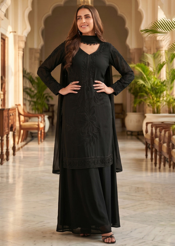 Buy Now Classy Black Beads Embroidered Palazzo Style Dress Online in US, UK, Canada, Netherlands, Germany, Italy, France, Greece, UAE &amp; Worldwide at Empress.