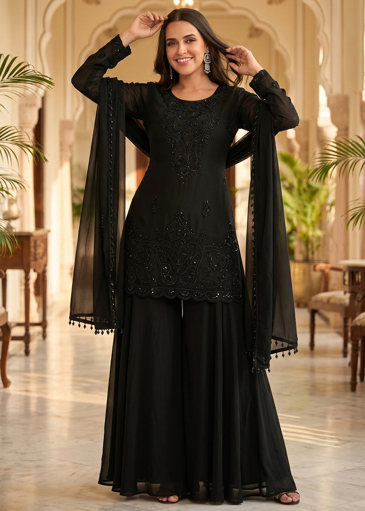 Buy Now Pretty Black Beads Embroidered Palazzo Style Dress Online in US, UK, Canada, Netherlands, Germany, Italy, France, Greece, UAE &amp; Worldwide at Empress.