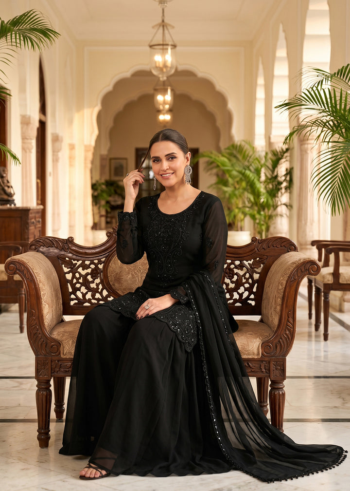 Buy Now Pretty Black Beads Embroidered Palazzo Style Dress Online in US, UK, Canada, Netherlands, Germany, Italy, France, Greece, UAE &amp; Worldwide at Empress.
