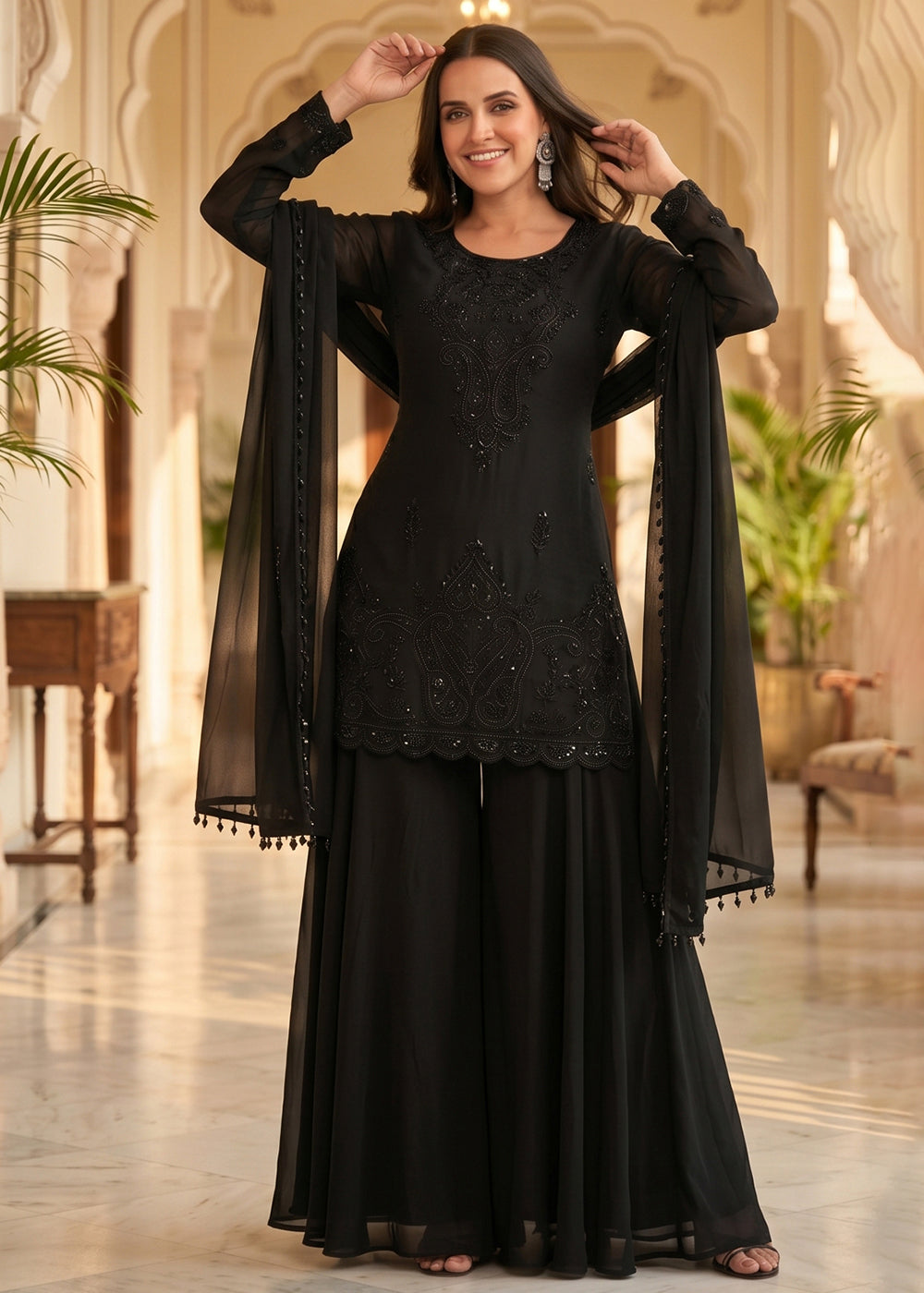 Buy Now Pretty Black Beads Embroidered Palazzo Style Dress Online in US, UK, Canada, Netherlands, Germany, Italy, France, Greece, UAE &amp; Worldwide at Empress.