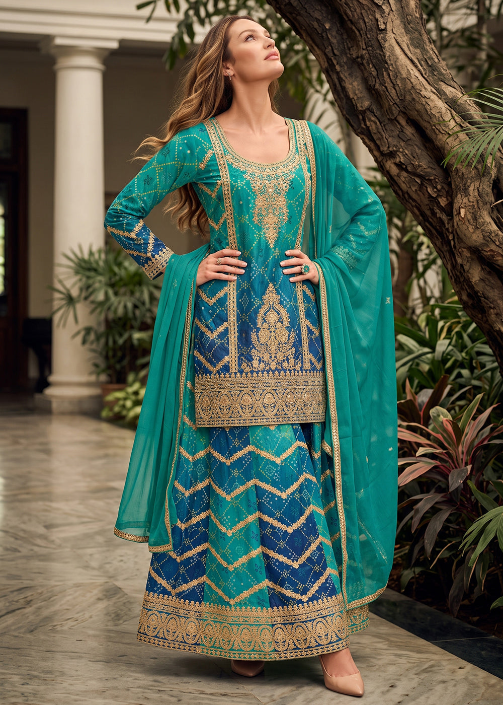 Buy Now Multi Rama & Blue Zarkan & Mirror Palazzo Style Suit Online in US, UK, Canada, Netherlands, Germany, Italy, France, Greece, UAE & Worldwide at Empress.