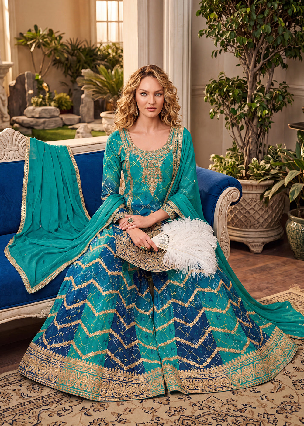Buy Now Multi Rama & Blue Zarkan & Mirror Palazzo Style Suit Online in US, UK, Canada, Netherlands, Germany, Italy, France, Greece, UAE & Worldwide at Empress.