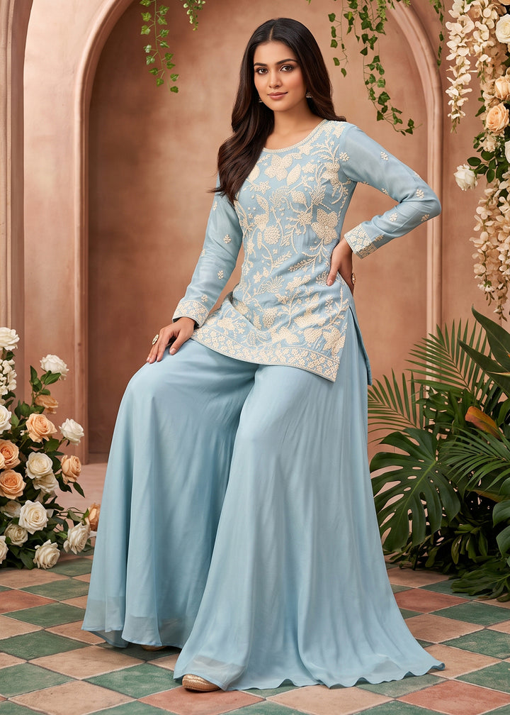 Shop Now Premium Chinnon Blue Beads Embroidered Sharara Suit Online at Empress in US, UK, Canada, Italy, Germany, France, Greece, Sweden, Denmark &amp; Worldwide.