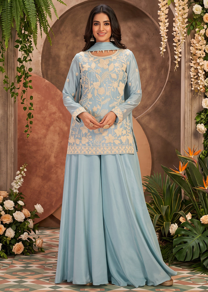 Shop Now Premium Chinnon Blue Beads Embroidered Sharara Suit Online at Empress in US, UK, Canada, Italy, Germany, France, Greece, Sweden, Denmark &amp; Worldwide.