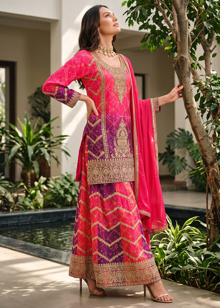 Buy Now Multi Pink &amp; Purple Zarkan &amp; Mirror Palazzo Style Suit Online in US, UK, Canada, Netherlands, Germany, Italy, France, Greece, UAE &amp; Worldwide at Empress.