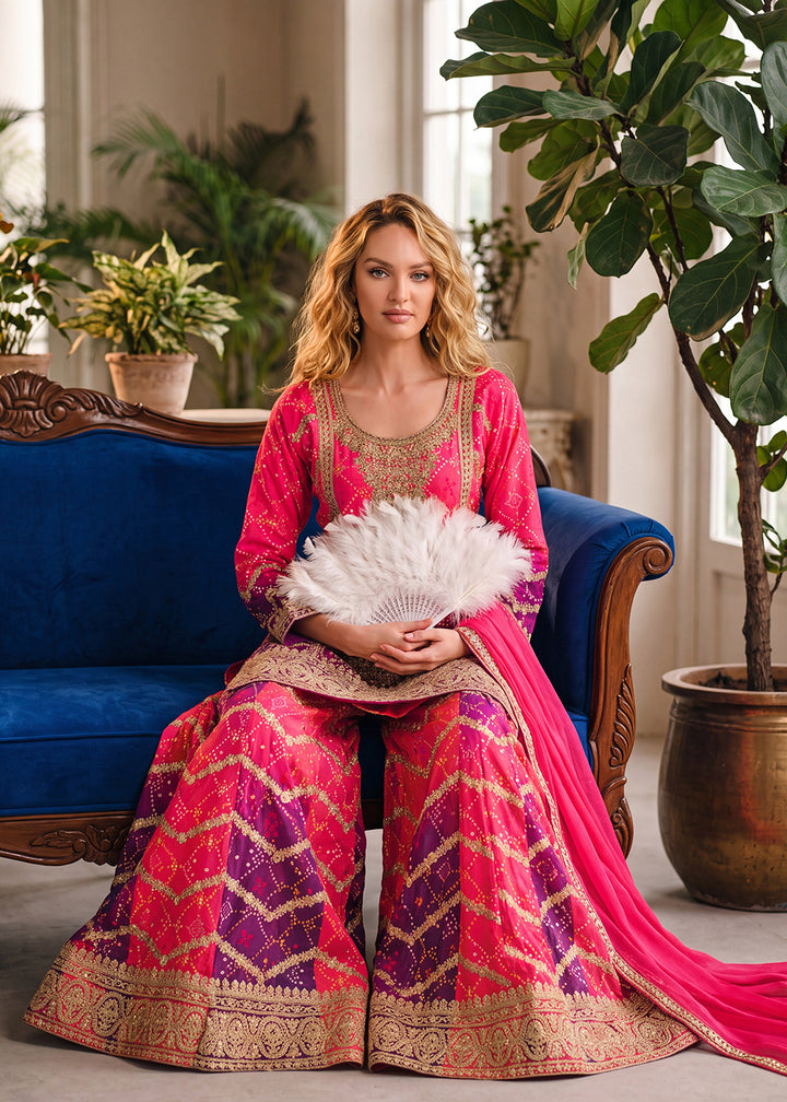 Buy Now Multi Pink &amp; Purple Zarkan &amp; Mirror Palazzo Style Suit Online in US, UK, Canada, Netherlands, Germany, Italy, France, Greece, UAE &amp; Worldwide at Empress.