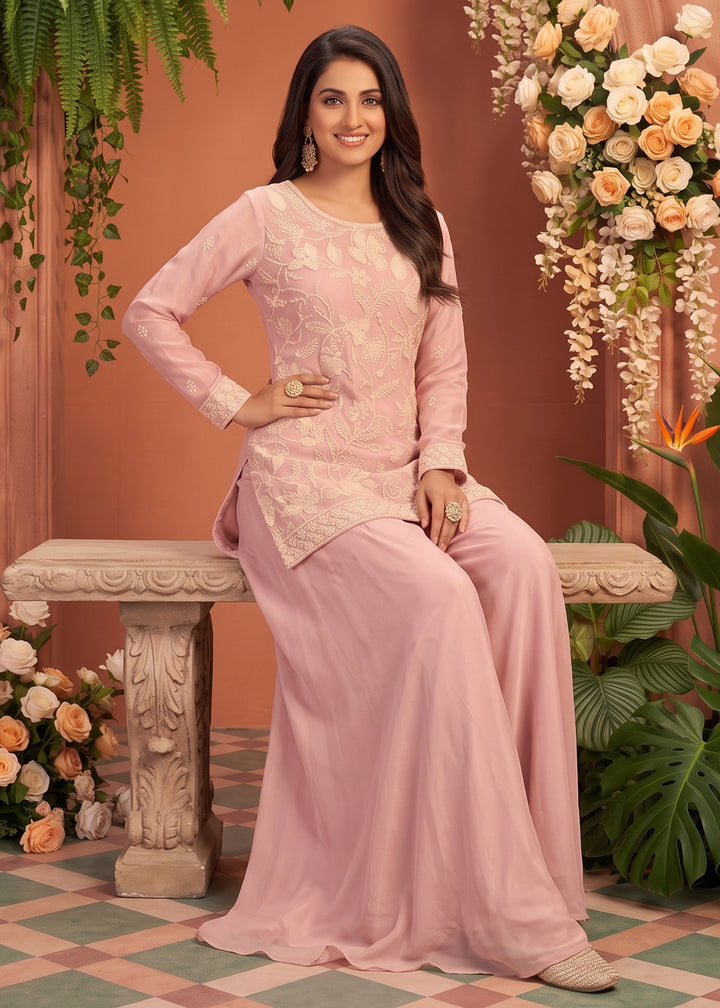 Shop Now Premium Chinnon Pink Beads Embroidered Sharara Suit Online at Empress in US, UK, Canada, Italy, Germany, France, Greece, Sweden, Denmark &amp; Worldwide.