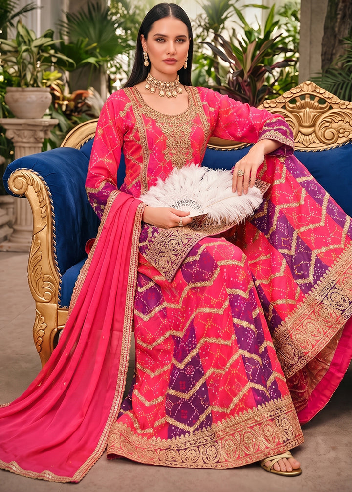 Buy Now Multi Pink &amp; Purple Zarkan &amp; Mirror Palazzo Style Suit Online in US, UK, Canada, Netherlands, Germany, Italy, France, Greece, UAE &amp; Worldwide at Empress.