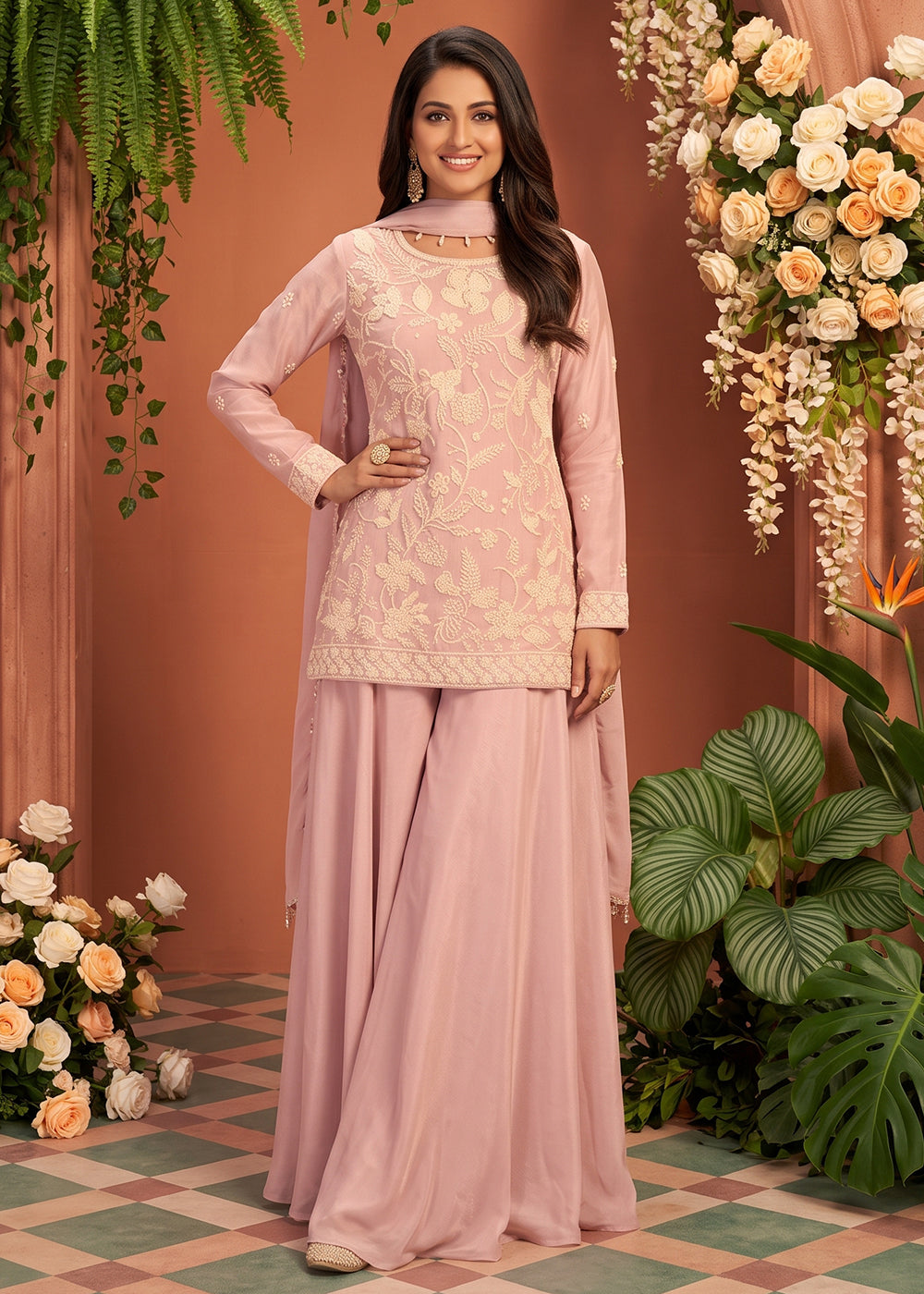 Shop Now Premium Chinnon Pink Beads Embroidered Sharara Suit Online at Empress in US, UK, Canada, Italy, Germany, France, Greece, Sweden, Denmark &amp; Worldwide.