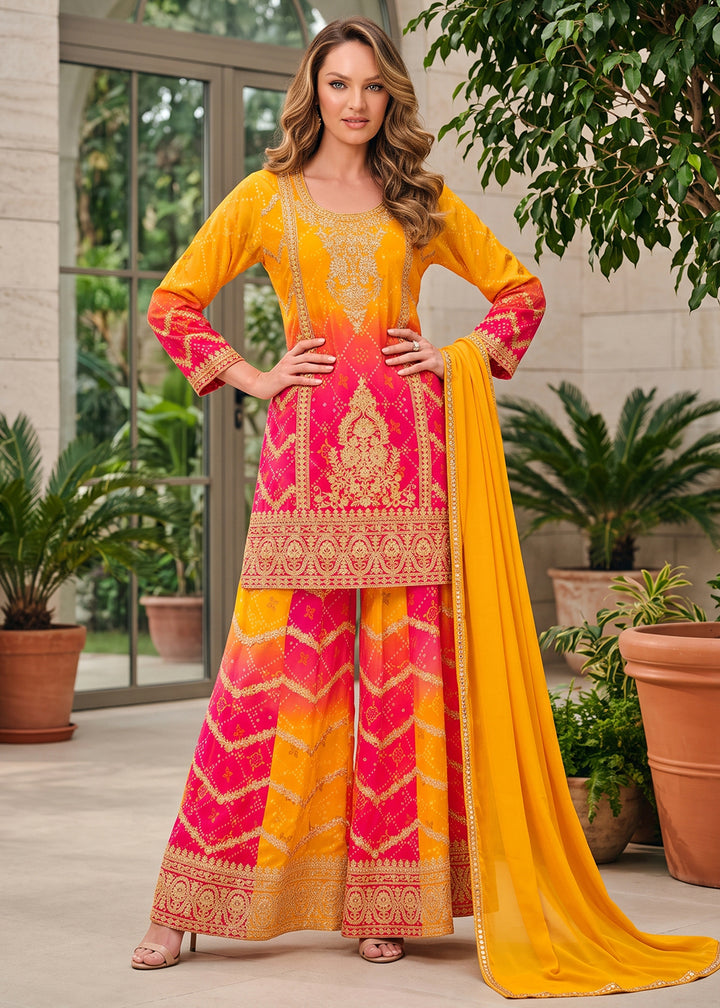 Buy Now Multi Pink &amp; Yellow Zarkan &amp; Mirror Palazzo Style Suit Online in US, UK, Canada, Netherlands, Germany, Italy, France, Greece, UAE &amp; Worldwide at Empress