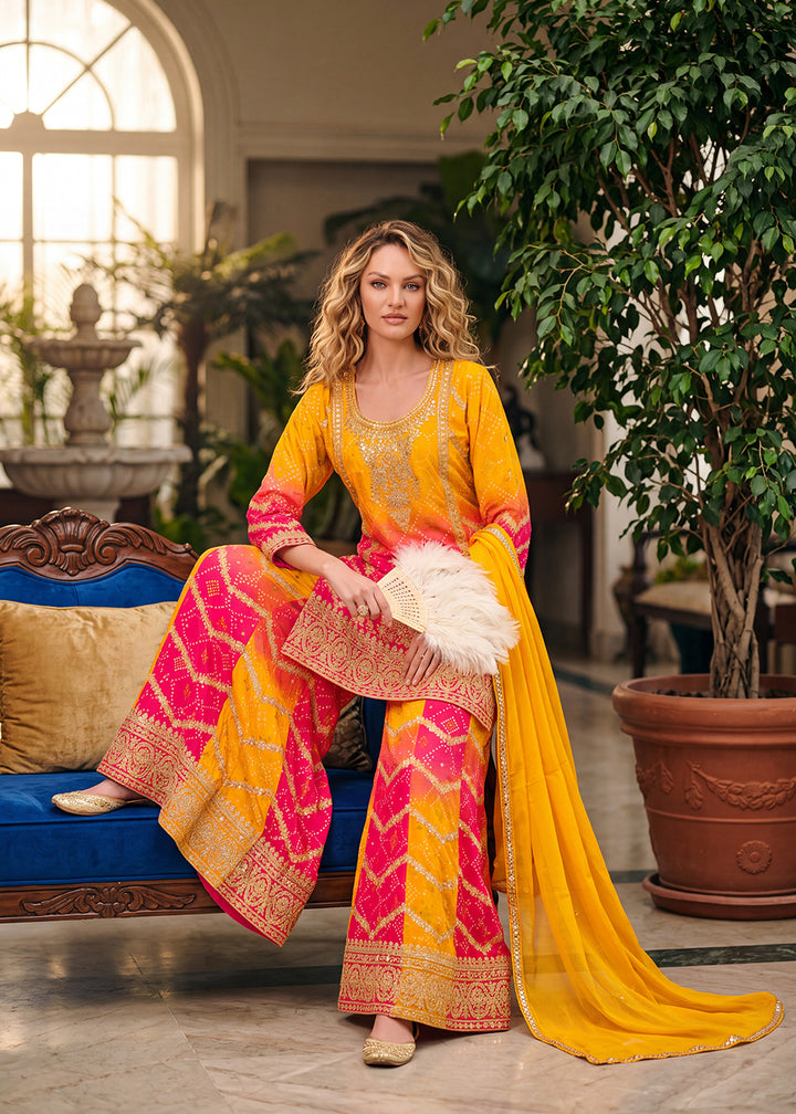 Buy Now Multi Pink &amp; Yellow Zarkan &amp; Mirror Palazzo Style Suit Online in US, UK, Canada, Netherlands, Germany, Italy, France, Greece, UAE &amp; Worldwide at Empress