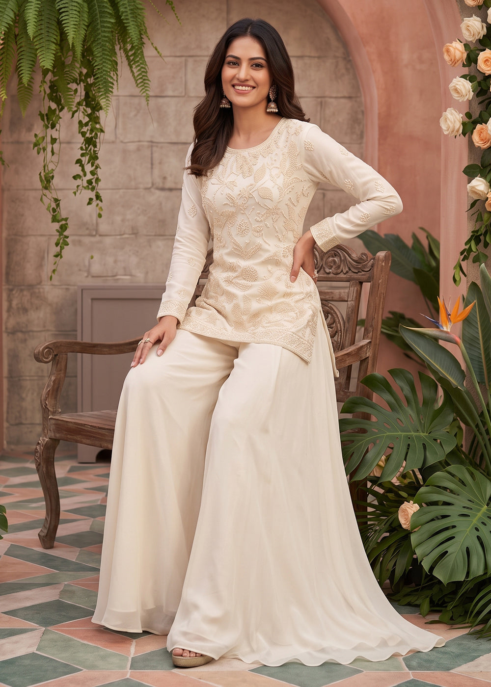 Shop Now Premium Chinnon White Beads Embroidered Sharara Suit Online at Empress in US, UK, Canada, Italy, Germany, France, Greece, Sweden, Denmark &amp; Worldwide.
