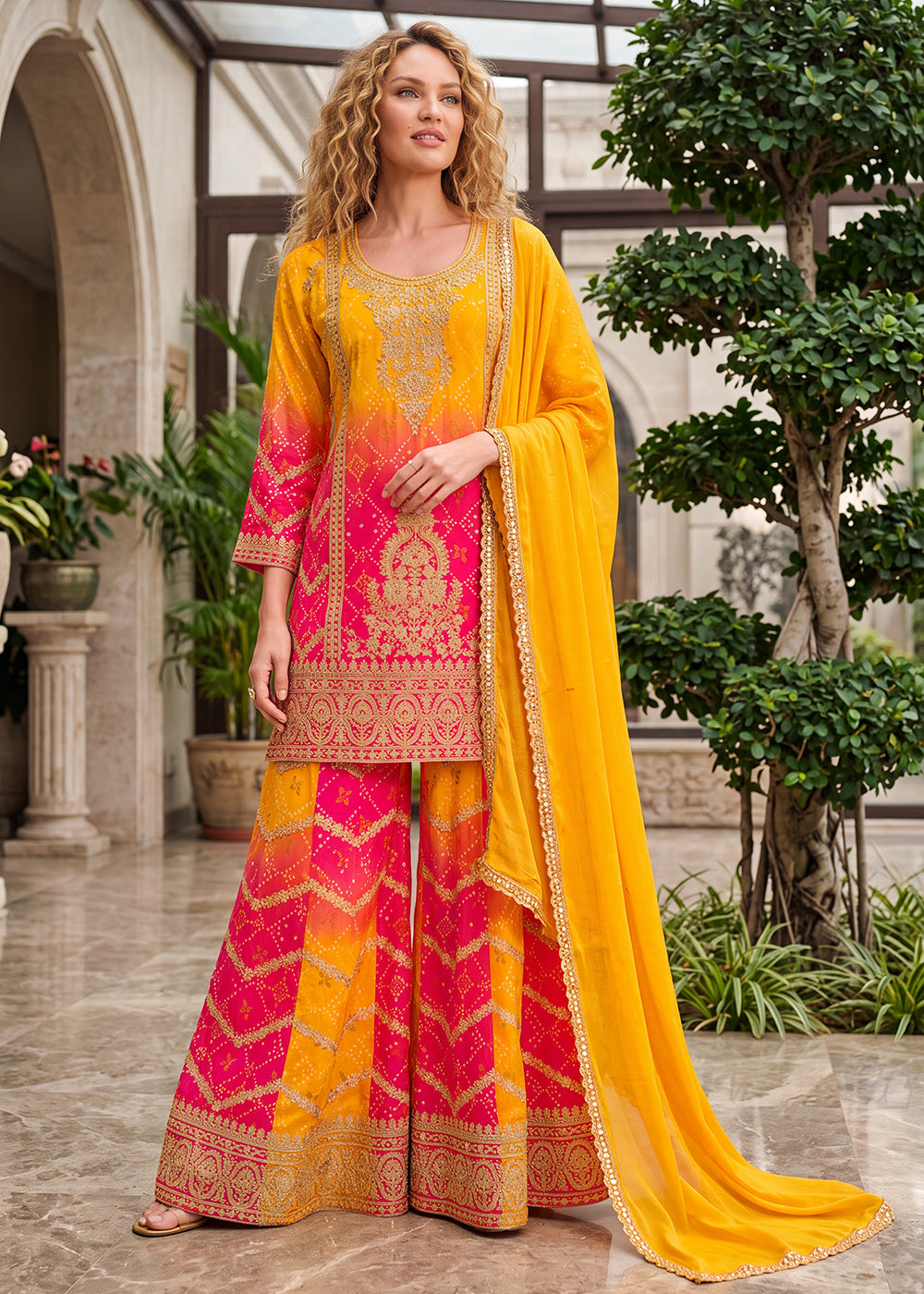 Buy Now Multi Pink &amp; Yellow Zarkan &amp; Mirror Palazzo Style Suit Online in US, UK, Canada, Netherlands, Germany, Italy, France, Greece, UAE &amp; Worldwide at Empress
