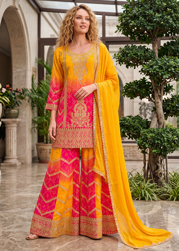 Buy Now Multi Pink &amp; Yellow Zarkan &amp; Mirror Palazzo Style Suit Online in US, UK, Canada, Netherlands, Germany, Italy, France, Greece, UAE &amp; Worldwide at Empress