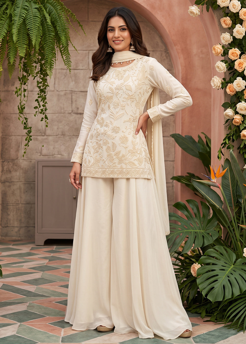 dress with sharara for Party Rama Top Fabric Pink Designer Embroidered Floral Gown