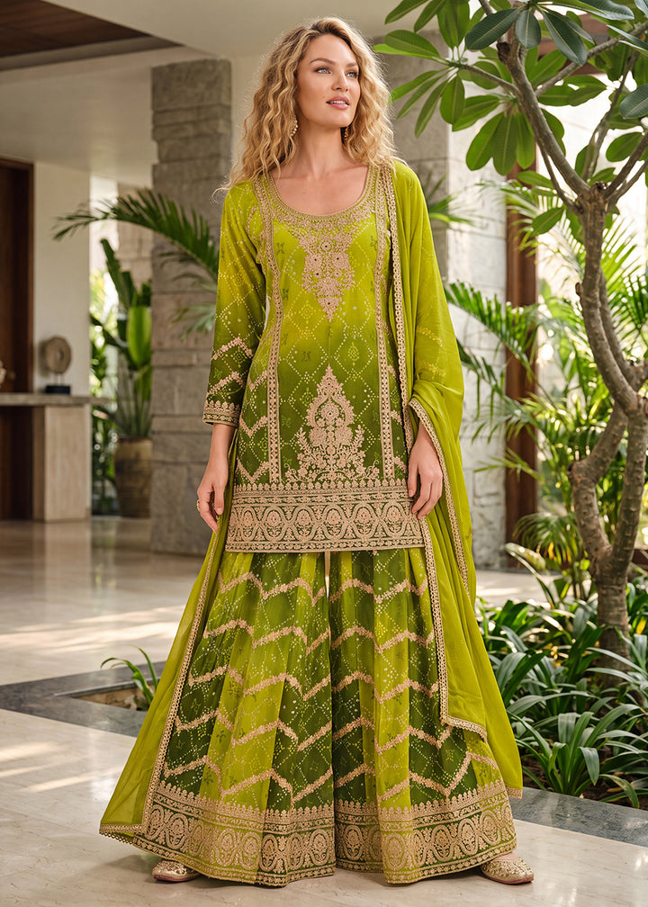 Buy Now Multi Shaded Green Zarkan &amp; Mirror Palazzo Style Suit Online in US, UK, Canada, Netherlands, Germany, Italy, France, Greece, UAE &amp; Worldwide at Empress.