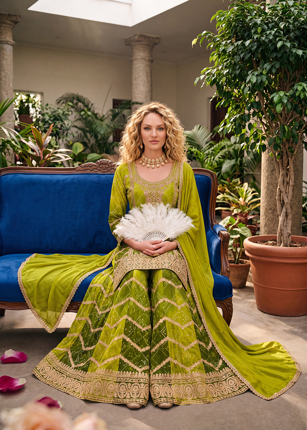 Buy Now Multi Shaded Green Zarkan &amp; Mirror Palazzo Style Suit Online in US, UK, Canada, Netherlands, Germany, Italy, France, Greece, UAE &amp; Worldwide at Empress.