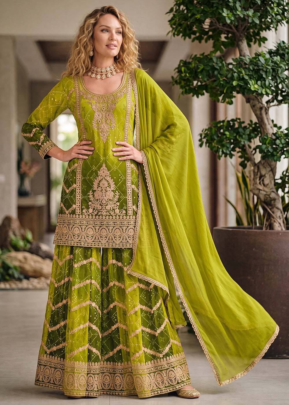 Buy Now Multi Shaded Green Zarkan &amp; Mirror Palazzo Style Suit Online in US, UK, Canada, Netherlands, Germany, Italy, France, Greece, UAE &amp; Worldwide at Empress.