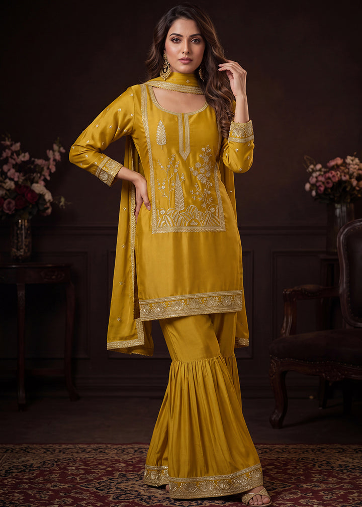 Shop Now Mustard Satin Silk Embroidered Gharara Style Dress Online at Empress in US, UK, Canada, Italy, Germany, France, Greece, Sweden, Denmark &amp; Worldwide.