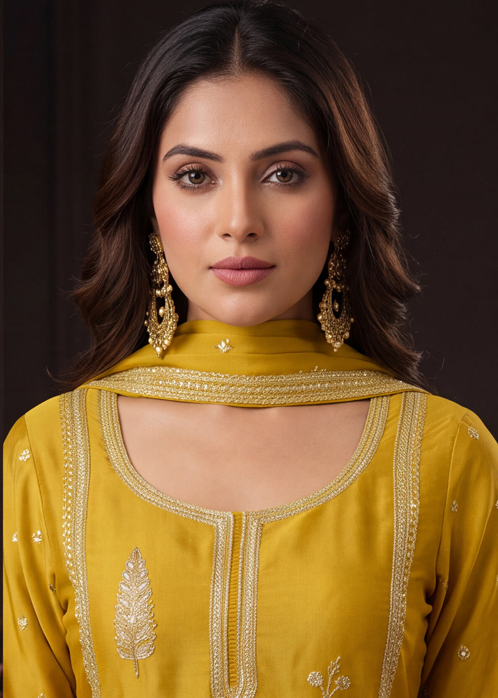 Shop Now Mustard Satin Silk Embroidered Gharara Style Dress Online at Empress in US, UK, Canada, Italy, Germany, France, Greece, Sweden, Denmark &amp; Worldwide.