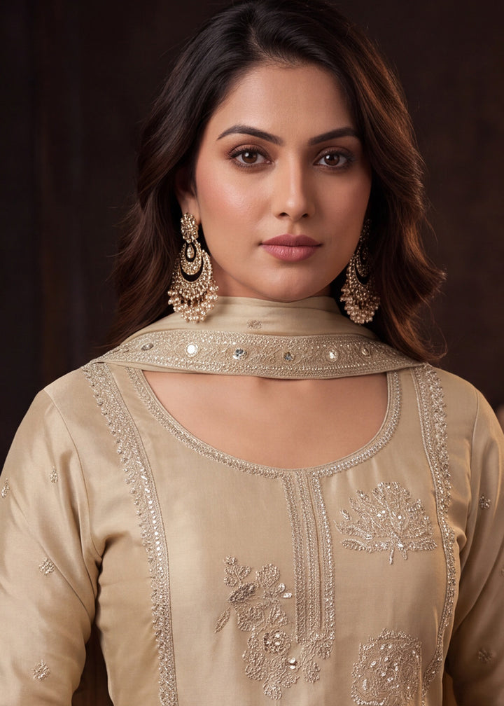 Shop Now Beige Satin Silk Embroidered Gharara Style Dress Online at Empress in US, UK, Canada, Italy, Germany, France, Greece, Sweden, Denmark &amp; Worldwide.