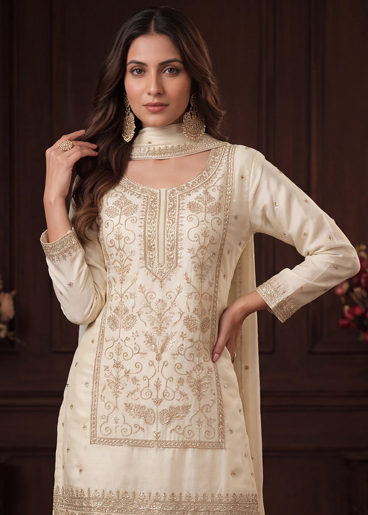 Shop Now Off White Satin Silk Embroidered Gharara Style Dress Online at Empress in US, UK, Canada, Italy, Germany, France, Greece, Sweden, Denmark &amp; Worldwide.