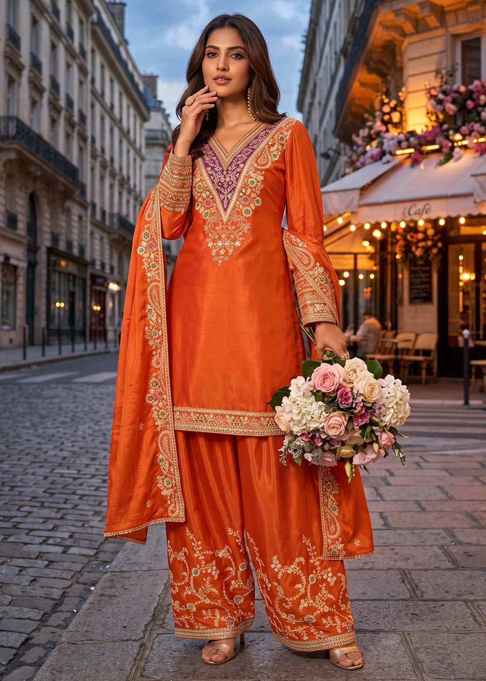 Buy Now Orange Multiple Embroidery Work Festive Palazzo Dress Online in US, UK, Canada, Germany, Italy, France, Greece, Austria, Denmark & Worldwide at Empress.
