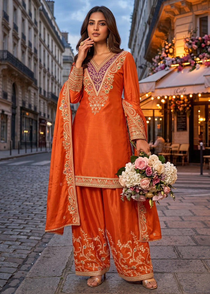 Buy Now Orange Multiple Embroidery Work Festive Palazzo Dress Online in US, UK, Canada, Germany, Italy, France, Greece, Austria, Denmark &amp; Worldwide at Empress.