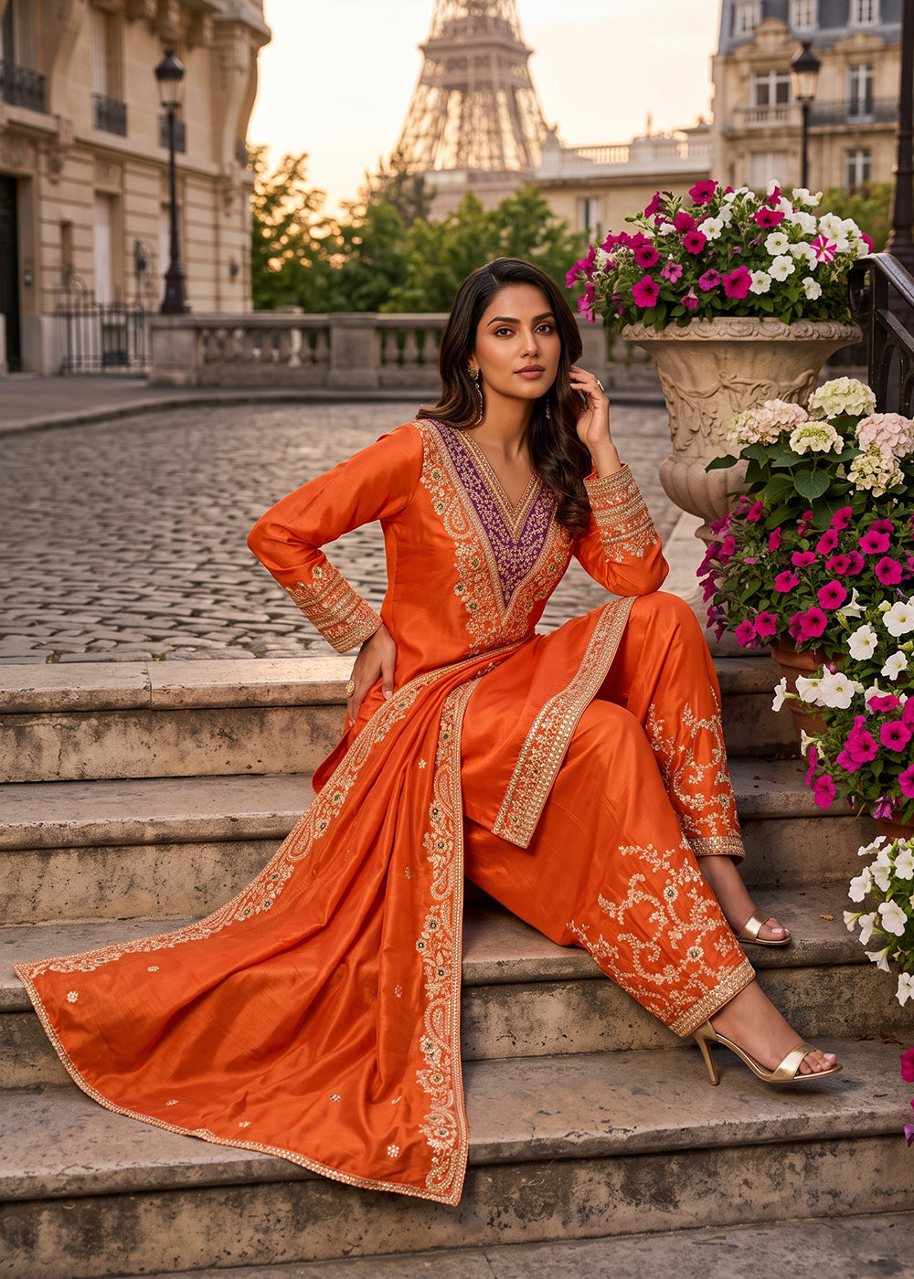 Buy Now Orange Multiple Embroidery Work Festive Palazzo Dress Online in US, UK, Canada, Germany, Italy, France, Greece, Austria, Denmark & Worldwide at Empress.