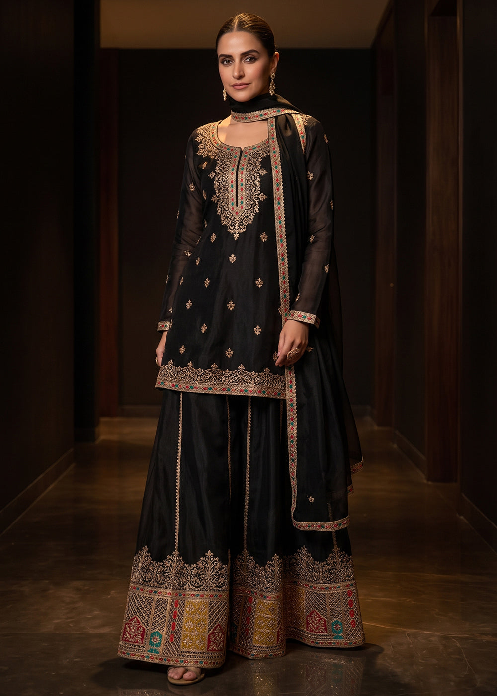 Buy Now Attractive Black Color Chinnon Silk Festive Palazzo Suit Online in US, UK, Canada, Netherlands, Germany, Italy, France, Greece & Worldwide at Empress.