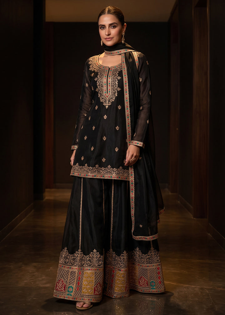 Buy Now Attractive Black Color Chinnon Silk Festive Palazzo Suit Online in US, UK, Canada, Netherlands, Germany, Italy, France, Greece &amp; Worldwide at Empress.